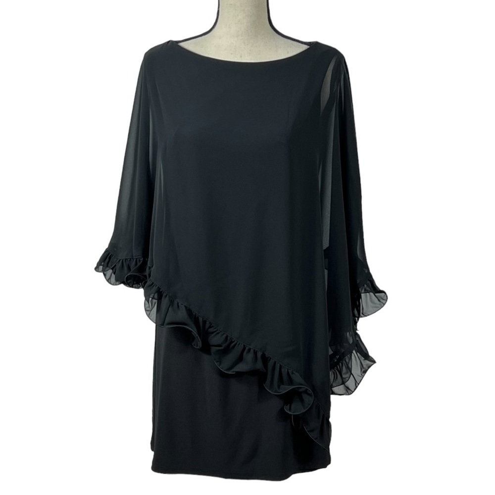 XSCAPE Black Ruffle edge sheer cape mini dress .